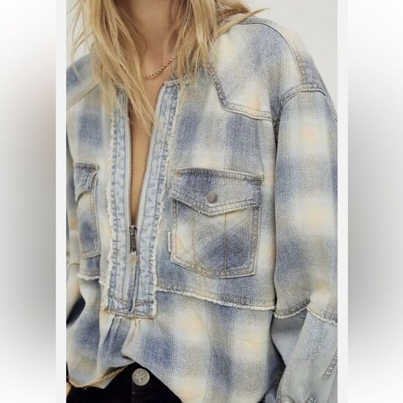 Free People We The Free Leon Plaid Flannel Denim Pullover - Picture 13 of 15